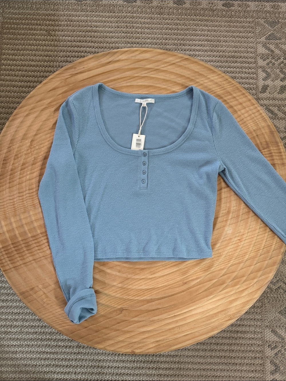Z Supply Light Blue Ribbed Henley Crop Long Sleeve Top